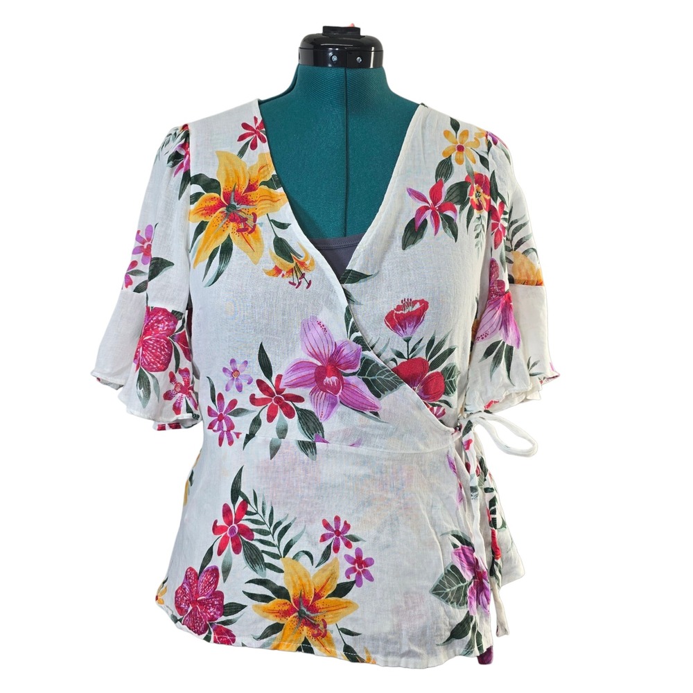 Old Navy Floral‎ Wrap Top White Flower Print Short Sleeve Tie Blouse - M